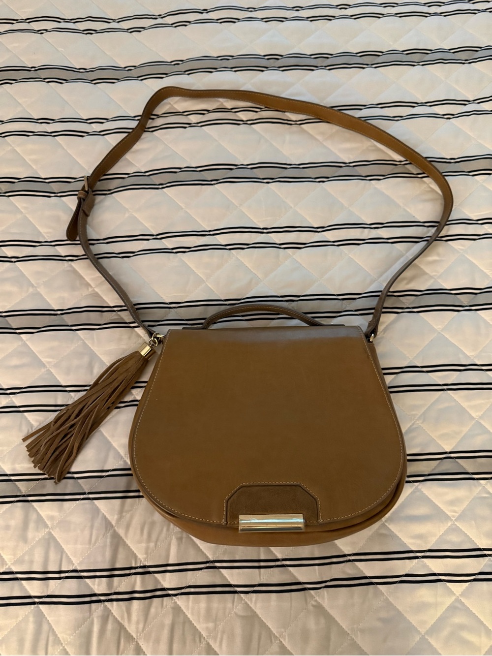 The Limited Tan Faux Leather Crossbody Saddlebag Purse Beige EUC Tassel